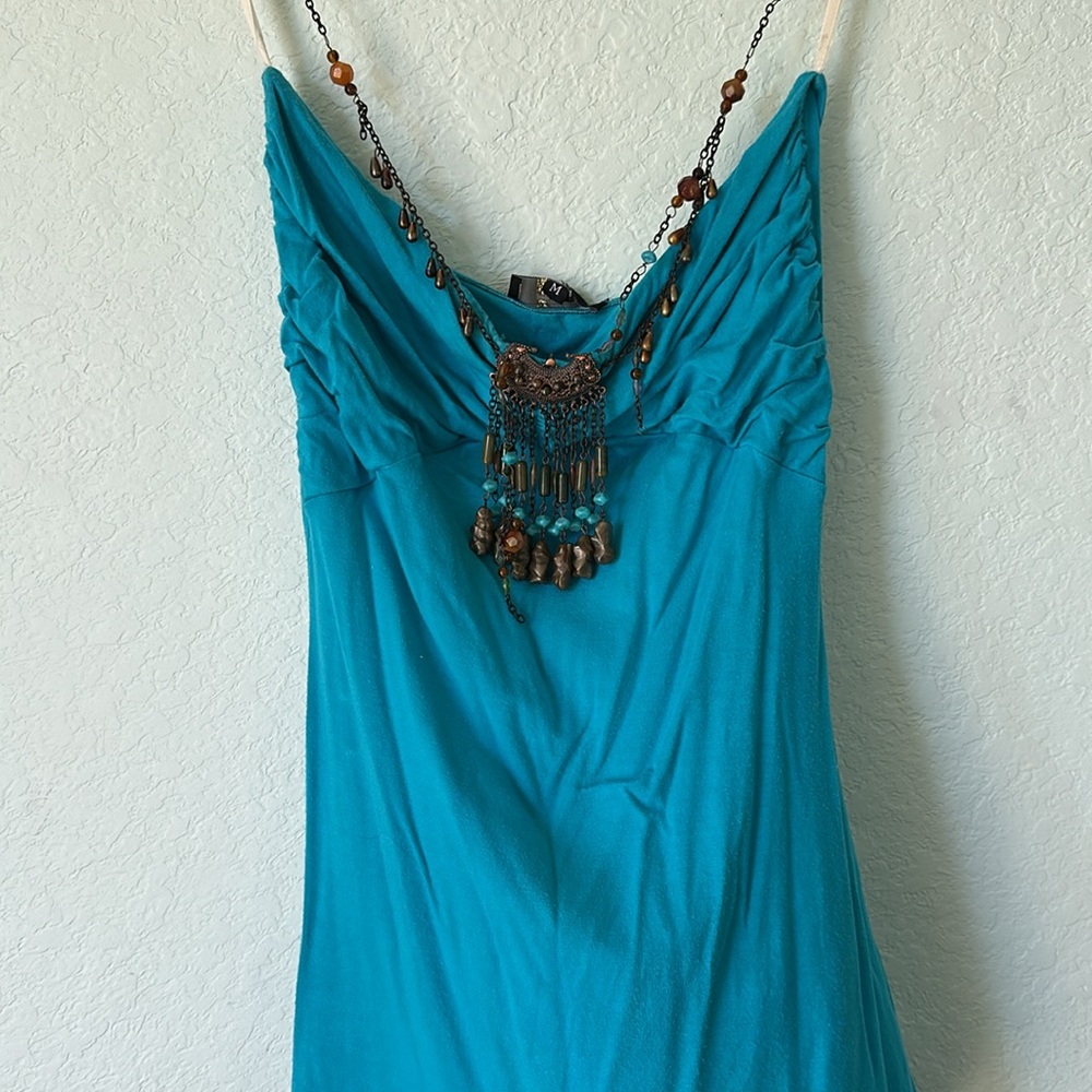 Sky Teal Women's Top with Beaded Necklace